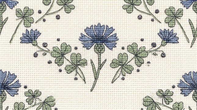 Floral embroidery pattern with blue cornflower and green clover leaves on fabric background