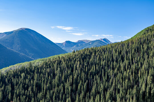 View from American Lake Trail in White River National Forest in Pitkin County, Colorado on sunny summer morning.