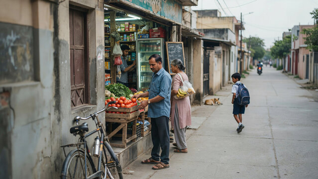 Neighborhood shoppers choose produce outside a street shop