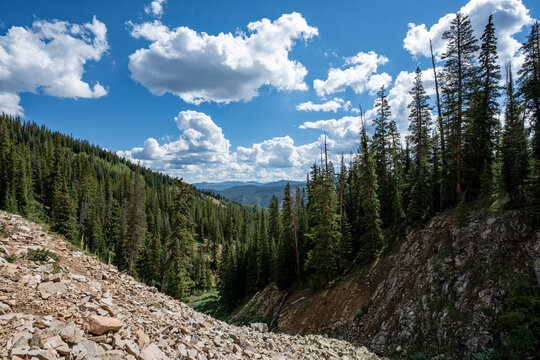 View from American Lake Trail in White River National Forest in Pitkin County, Colorado on sunny summer morning.