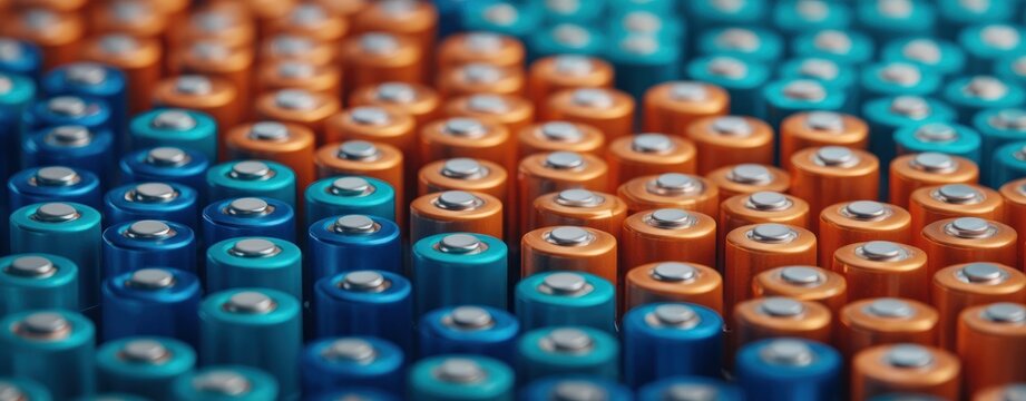 Rows of blue and orange AA batteries arranged in geometric pattern representing energy storage and reliable power supply for consumer electronics