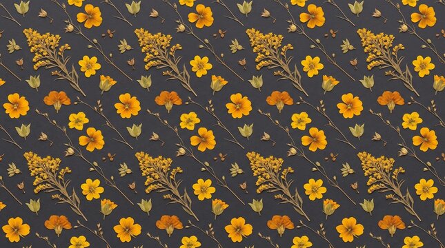 Seamless pattern of yellow dried flowers on dark grey background flat lay