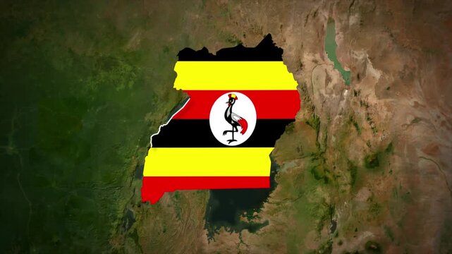 Uganda map flag highlight animation, red yellow black Ugandan flag overlay on aerial satellite terrain background, East Africa country geography 4K
