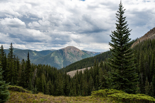 View from American Lake Trail in White River National Forest in Pitkin County, Colorado on sunny summer morning.