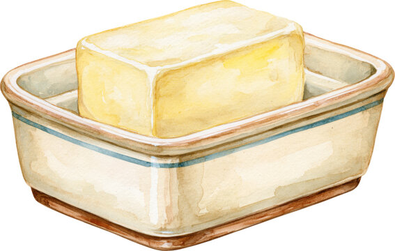 Watercolor illustration of a ceramic butter dish with a block of butter isolated on transparent background.