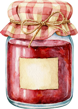 Watercolor illustration of a red jam jar with a checkered cloth lid isolated on transparent background.