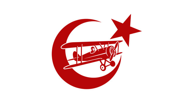 Red Vintage Biplane Silhouette with Turkish Crescent Moon and Star Symbol