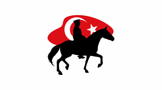 Mustafa Kemal Ataturk Silhouette Riding a Horse with Turkish Flag Symbols, Graphic Illustration for Turkish National Holidays