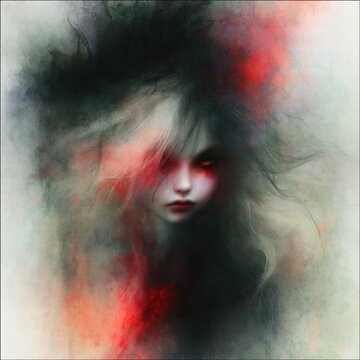 An eerie digital painting featuring a ghostly face emerging from dark, swirling smoke and intense red nebulous clouds. Perfect for horror or dark fantasy themes.