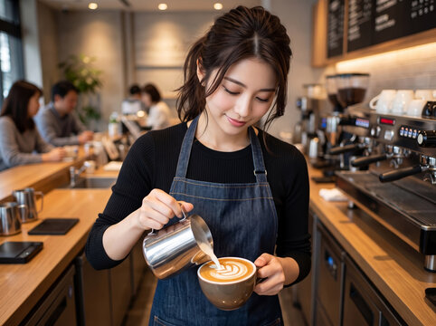 コーヒーカップへミルクを静かに注ぐ黒い長袖トップスの女性