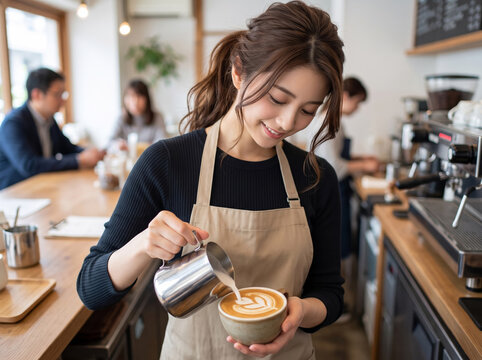 カフェの木製カウンターで丁寧にラテアートを仕上げる店員