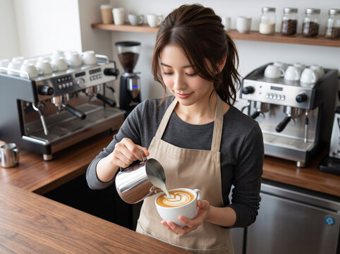 カフェのカウンターでコーヒーカップにラテアートを描く女性バリスタ