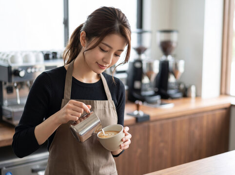 窓辺の光の中で微笑みながらミルクを注ぐ女性
