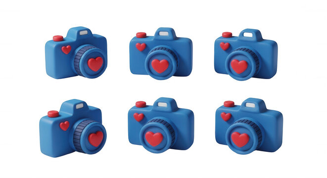 blue cameras with heart shaped lenses arranged against a bright white background ready to capture photos love or photography themes