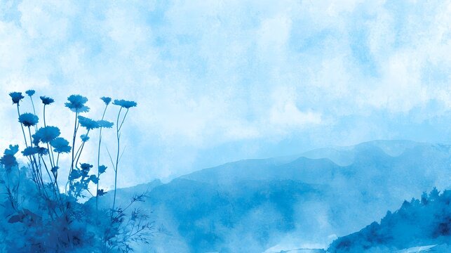 Minimalist blue watercolor landscape background with wild flowers