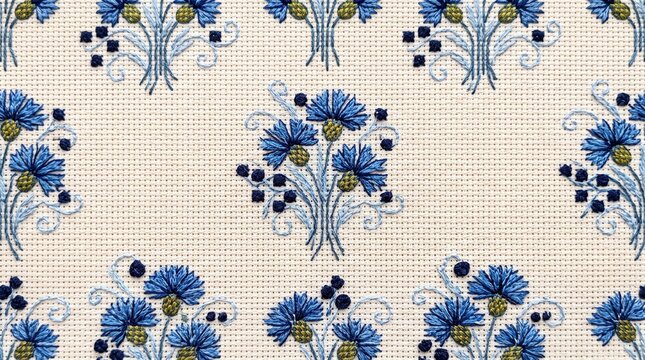Seamless pattern of blue cornflower embroidery on white fabric background