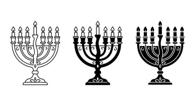 Hanukkah Menorah Vector Icons, Traditional Jewish Holiday Candle Holders, Festive Celebration Symbols