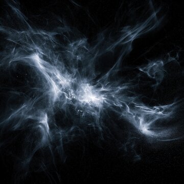 Dramatic abstract visualization of a frozen explosion with white smoky wisps and cosmic nebula patterns on a dark black backdrop.