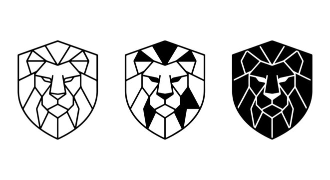Geometric Lion Head Shields, Modern Geometric Lion Crests, Minimalist Lion Emblem Vector Set