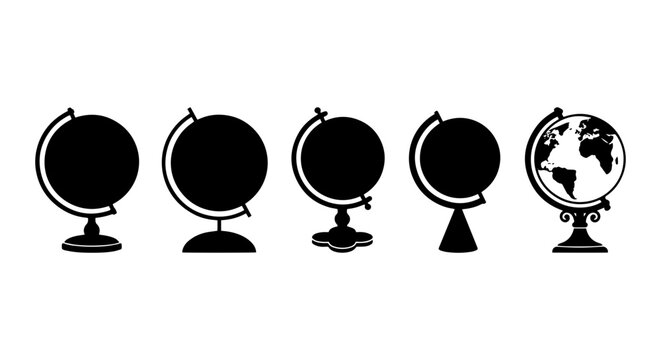 Set of 5 Globe Icons, World Map Symbols, Earth Planet Graphics, Educational Vector Illustrations
