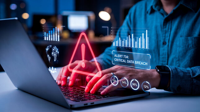 Technician using computer at night with virtual interface displaying alert seven hundred thirty four critical data breach message while managing complex statistics and dark network security analytics.