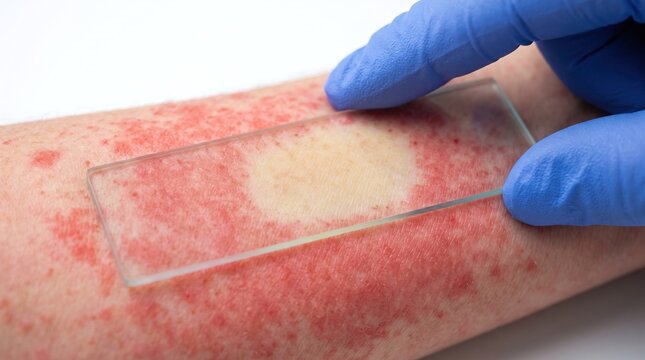 Glass slide test dioscopy demonstrating blanching erythema rash on human forearm skin