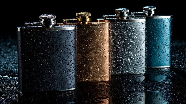 Four Metallic Hip Flasks with Condensation &ndash; Moody Dark Product Photography for Spirits and Whiskey Accessories