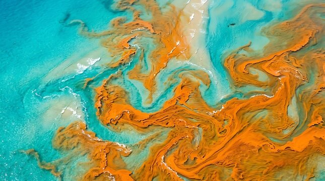 Aerial view of orange algae bloom in turquoise ocean water