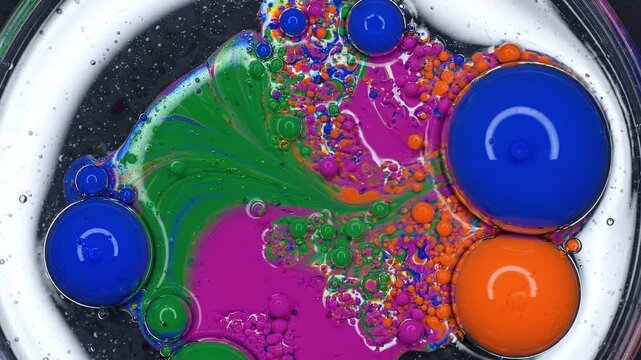 Vibrant liquid paint bubbles floating in studio light with colorful blue orange green abstract patterns creating energetic artistic mood