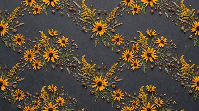Seamless floral pattern with yellow black-eyed susan flowers on dark background