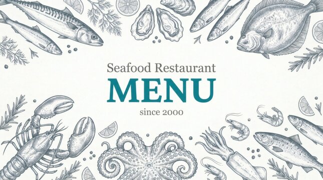 Elegant seafood restaurant menu design with intricate wave and shell illustrations