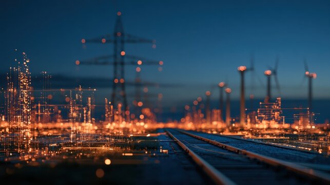 A futuristic smart grid system optimizing clean energy using AI technology for efficient and sustainable power distribution and management.