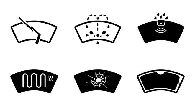 Car Windshield Wiper Icons, Rain Spray, Defrost, Cracked Glass Symbols, Clean Auto Glass