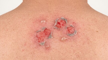 Fototapeta premium Macro view of ruptured skin blisters with raw red skin and peeling epidermal layer on human back