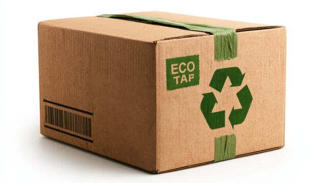 Corrugated cardboard shipping box sealed with eco-friendly tape, highlighting sustainable packaging and environmentally conscious shipping solutions.