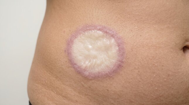Close up view of circular localized morphea scleroderma lesion with hyperpigmented halo border on abdomen skin