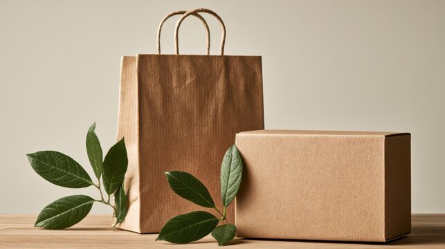 Eco-friendly packaging set featuring a paper bag and cardboard box, ideal for sustainable branding and eco-conscious product presentation.