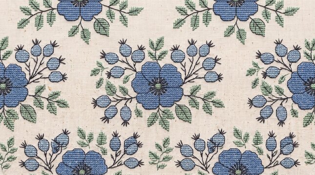 Floral cross stitch embroidery pattern with blue flowers and green leaves on linen fabric