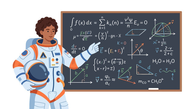 Knowledgeable female astronaut explaining complex physics and mathematical equations on a blackboard flat vector element.