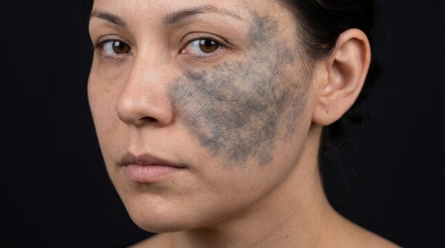 Front portrait close up of woman face with large bluish grey Nevus of Ota birthmark on cheek