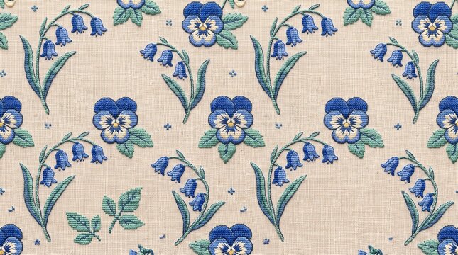 Floral embroidery pattern with blue pansies and bellflowers on linen background