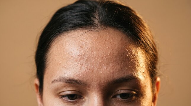 Close up of young woman forehead affected by severe closed comedones fungal acne bumps