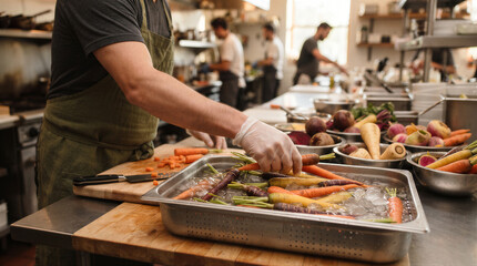 Obraz premium Professional chef preparing fresh colorful carrots in an ice bath at a busy restaurant kitchen station with other cooks in the background