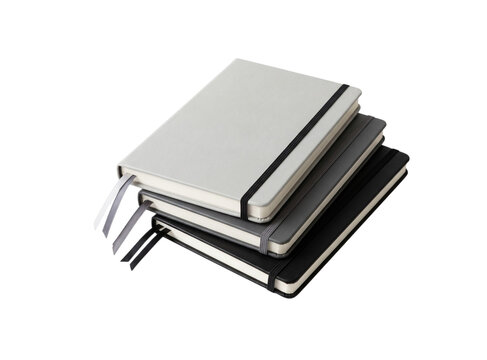 Three stacked notebooks with elastic closures in black grey and white colors for stationery branding mockups.