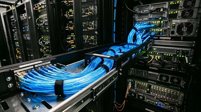 Data Center Server Room with Blue Network Cables