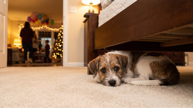A small, scruffy terriermix dog hiding under a bed in a cozy, warmly lit home during the holiday season with a christmas tree nearby