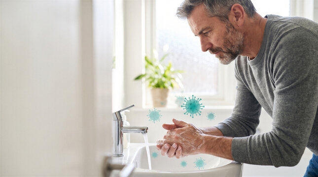 Middleaged man washing hands with soap in a bathroom sink to prevent virus infection and maintain hygiene