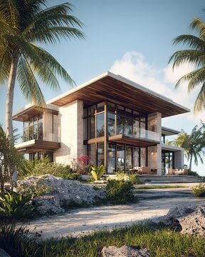Luxurious modern villa with glass walls and tropical palm trees