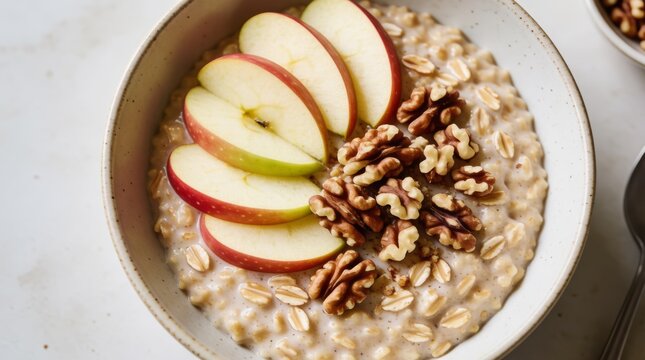 Warm creamy oatmeal topped with fresh apple slices and crunchy walnuts in ceramic bowl
