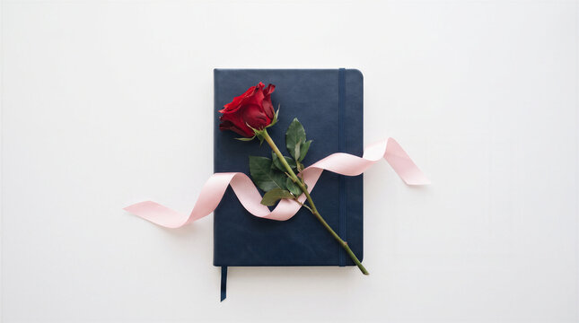 A single red rose resting on a dark blue notebook with a light pink ribbon, isolated on white background